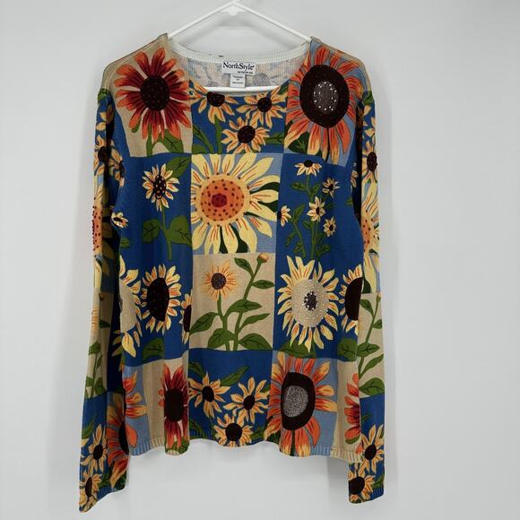 NorthStyle Sweaters - NorthStyle Sweater Womens Large Sunflower Floral Pullover Blue Beige Knit Boho L